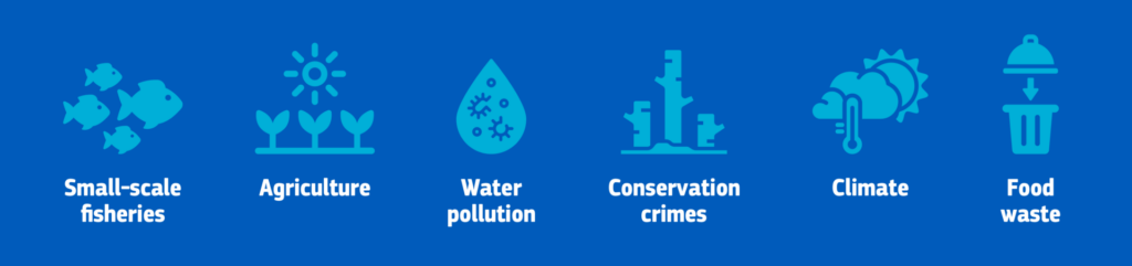 icons of practice areas: small-scale fisheries, agriculture, water pollution, conservation crimes, climate mitigation, climate adaptation and resilience, food waste.