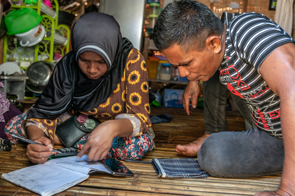 Nurlini and her husband recording fish catch