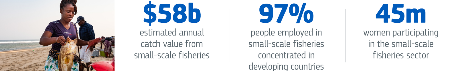 $58 billion estimated annual catch value from small-scale fisheries. 97% of people employed in small-scale fisheries concentrated in developing countries. 45 million women participating in the sector.