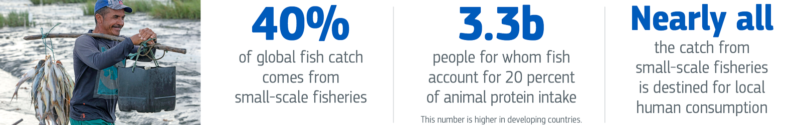 40% of global fish catch comes from small-scale fisheries. 3.3 billion people for whom fish account for 20 percent of animal protein intake. This number is higher in developing countries. Nearly all the catch from small-scale fisheries is destined for local human consumption.