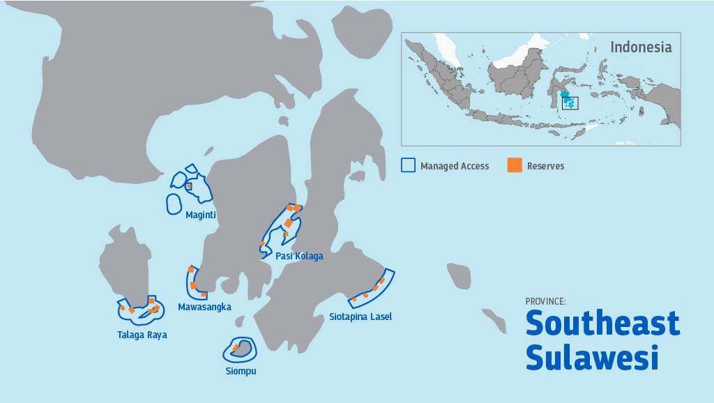 map of the six managed-access fishing areas in Southeast Sulawesi