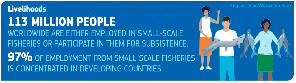 113 MILLION PEOPLE WORLDWIDE ARE EITHER EMPLOYED IN SMALL-SCALE FISHERIES OR PARTICIPATE IN THEM FOR SUBSISTENCE. 97% OF EMPLOYMENT FROM SMALL-SCALE FISHERIES IS CONCENTRATED IN DEVELOPING COUNTRIES.