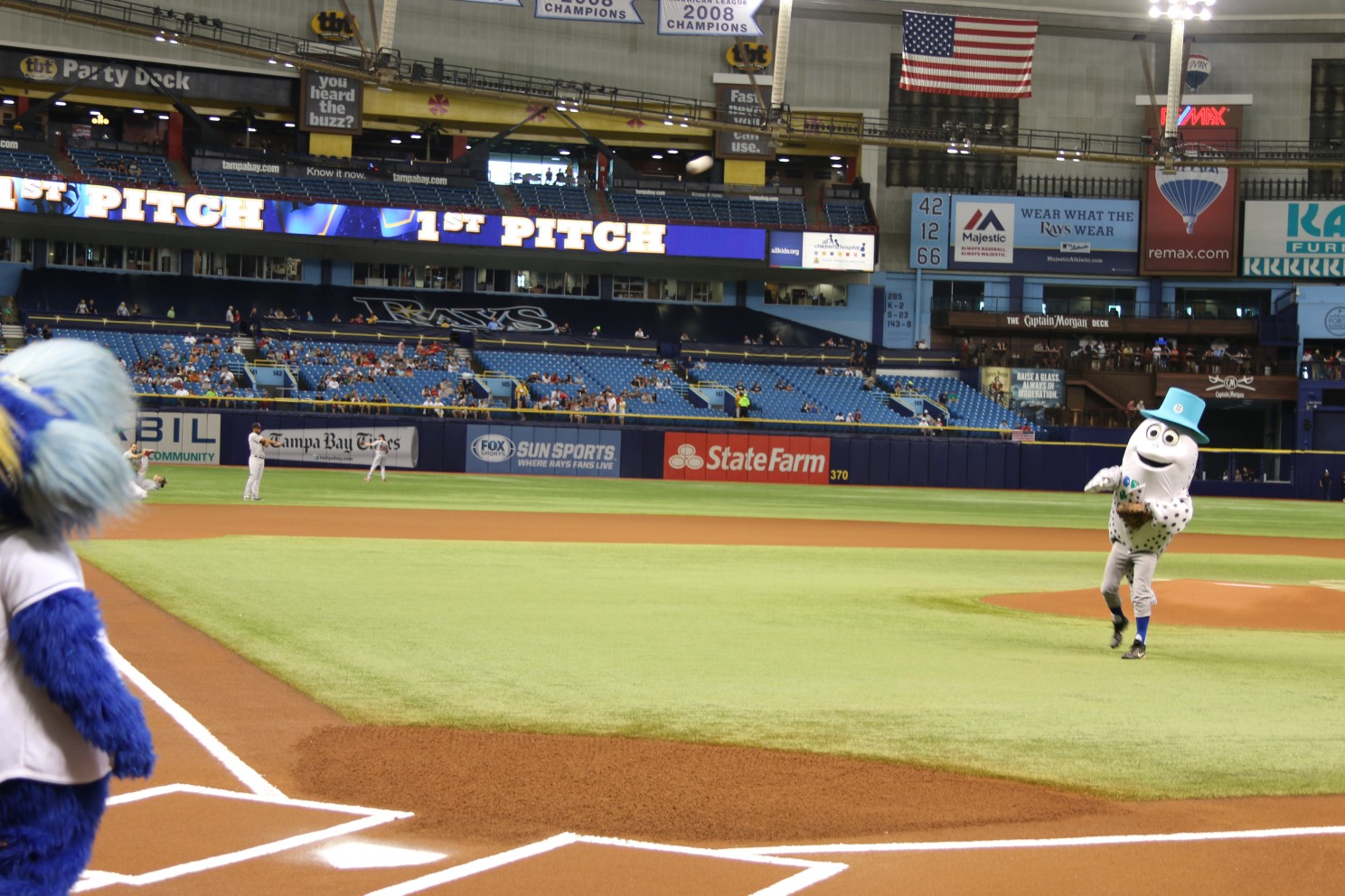 Our Meloy Jr. mascot through out the first pitch of a Tampa Bay Rays game on Earth Day 2015. 