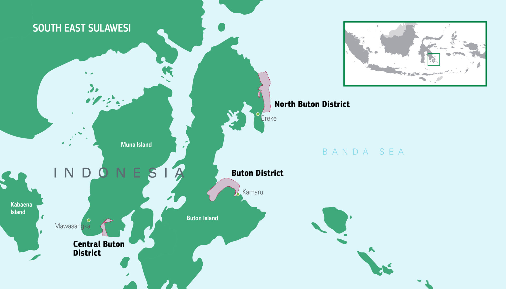 A map of Southeast Sulawesi, Indonesia, noting the three communities set to receive funding for the first small-scale fisheries impact bond.