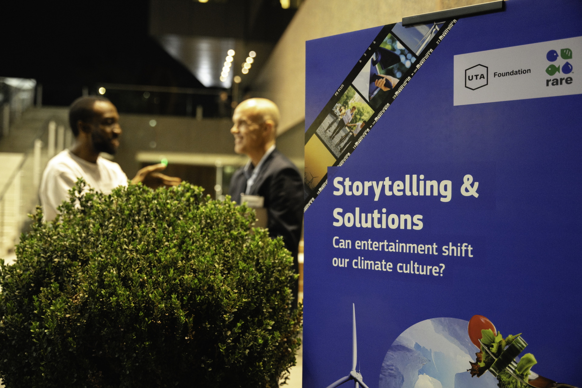 Photo of the welcome sign at a Rare hosted symposium called "Storytelling & Solutions: Can entertainment shift our climate culture?" which brought together leaders from the entertainment industry, science, nonprofit sector, and philanthropy to explore the role of entertainment in addressing climate change.