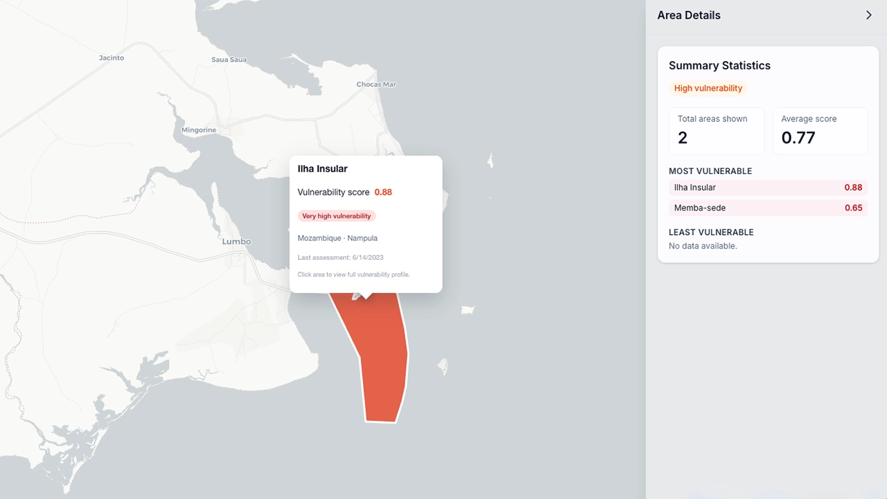 Map of Mozambique showing climate vulnerability scores