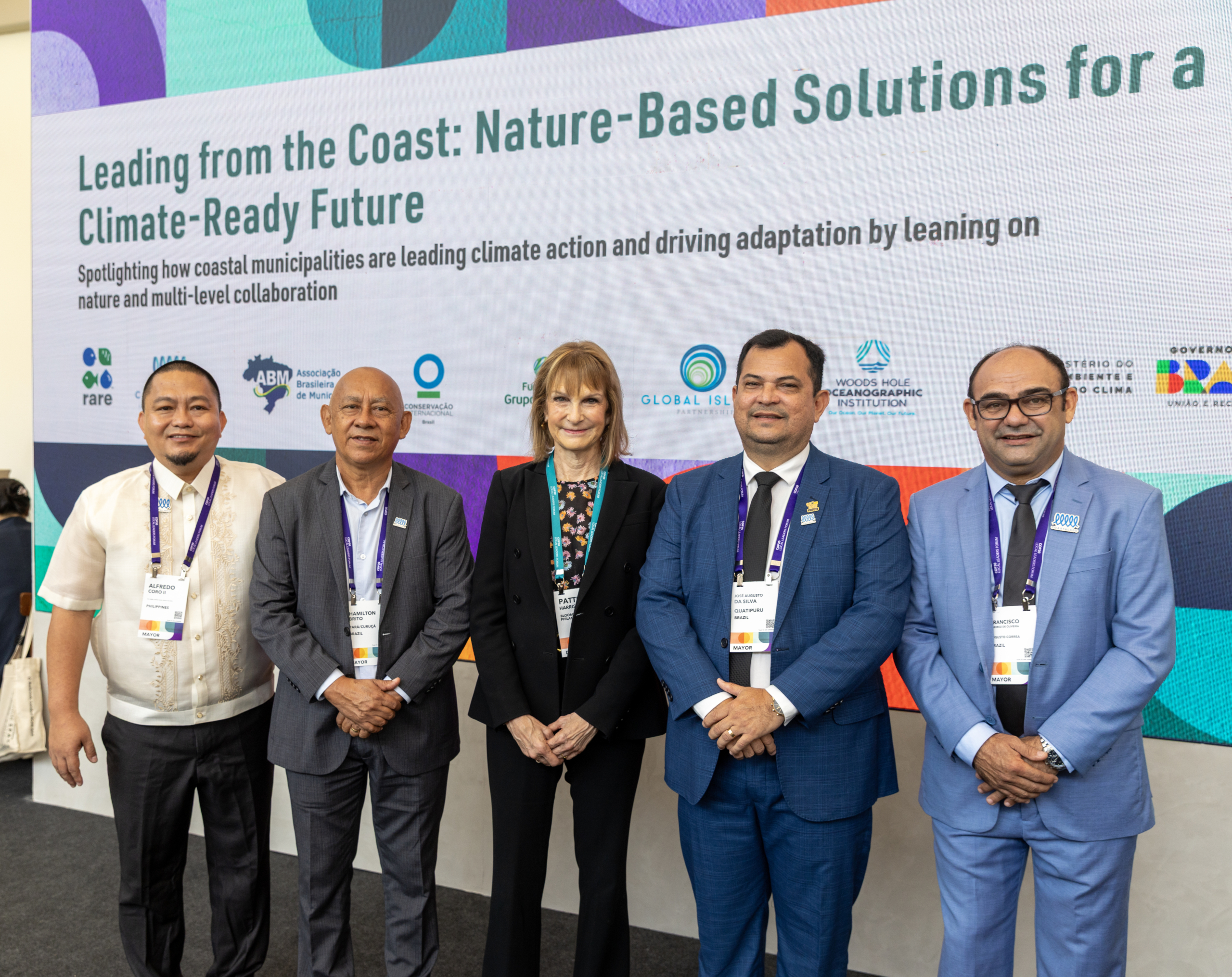 Coastal 500 members and Patti Harris, CEO of Bloomberg Philanthropies at a session during COP30 called Leading from the Coast: Nature-Based Solutions for a Climate Ready FutureThis session brought together Brazilian and global voices to highlight how collaboration across governance levels is turning climate ambition into tangible results, and how coastal subnational governments and municipalities are leveraging nature, particularly coastal and marine ecosystems, to build resilience. From left to right: Mayor Alfredo Coro (Philippines); Mayor Hamilton Brito (Brazil); Patti Harris, CEO of Bloomberg Philanthropies; Mayor José Augusto da Silva (Brazil); Mayor Francisco Edinaldo Queiroz