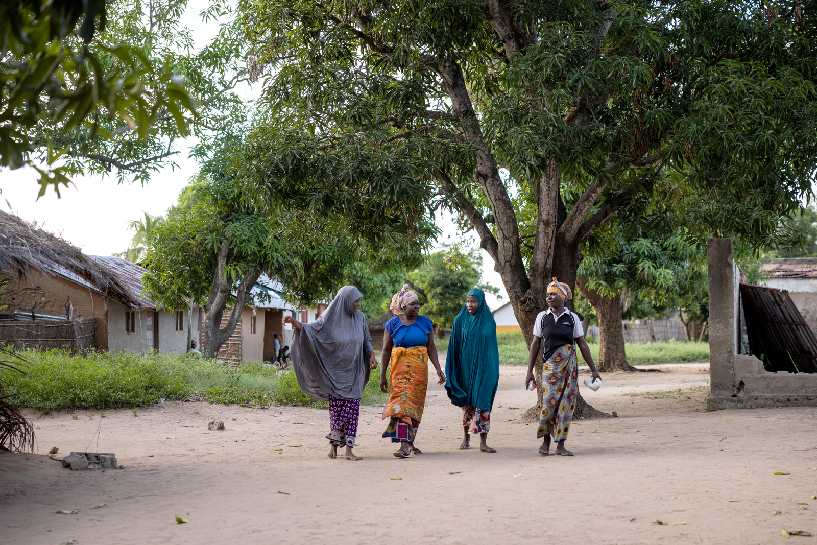 Four women walking by houses 