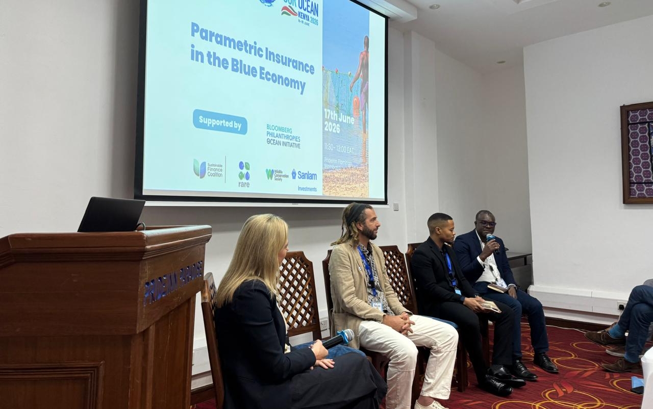 Fireside chat-style event focused on parametric insurance in the blue economy, featuring Dr. Atanasio Brito (far right).