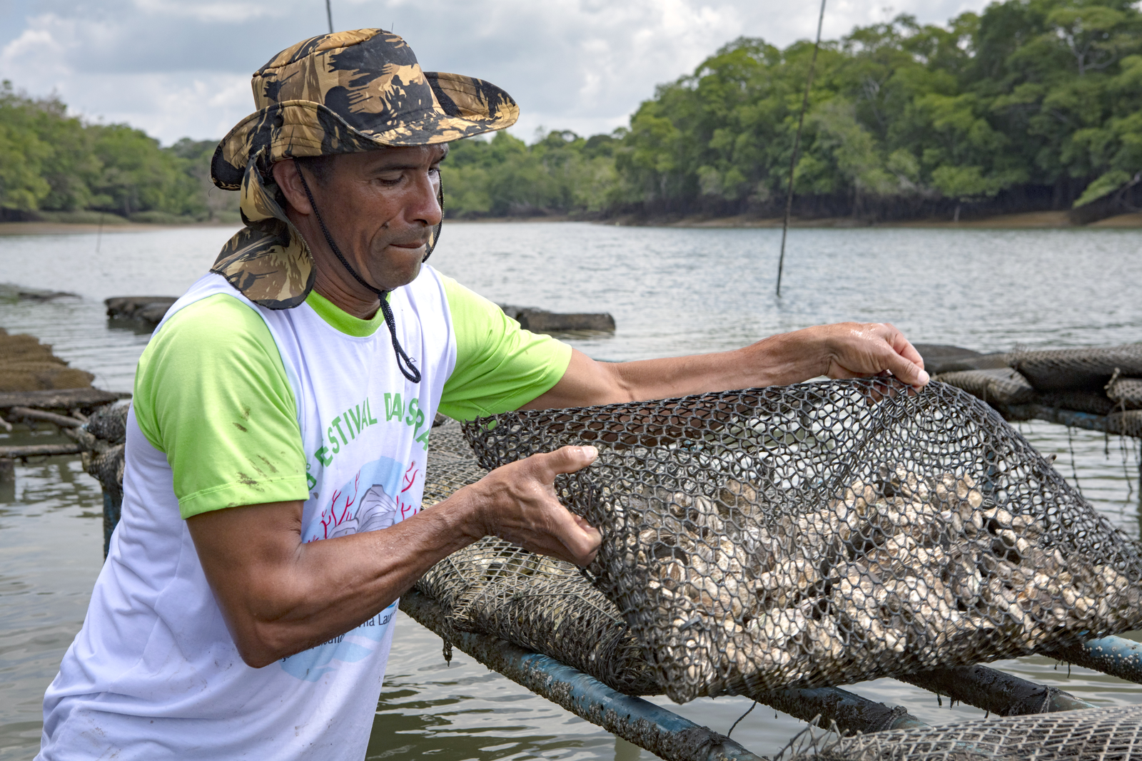 A man standing in the water, lifting a mesh bag of oysters