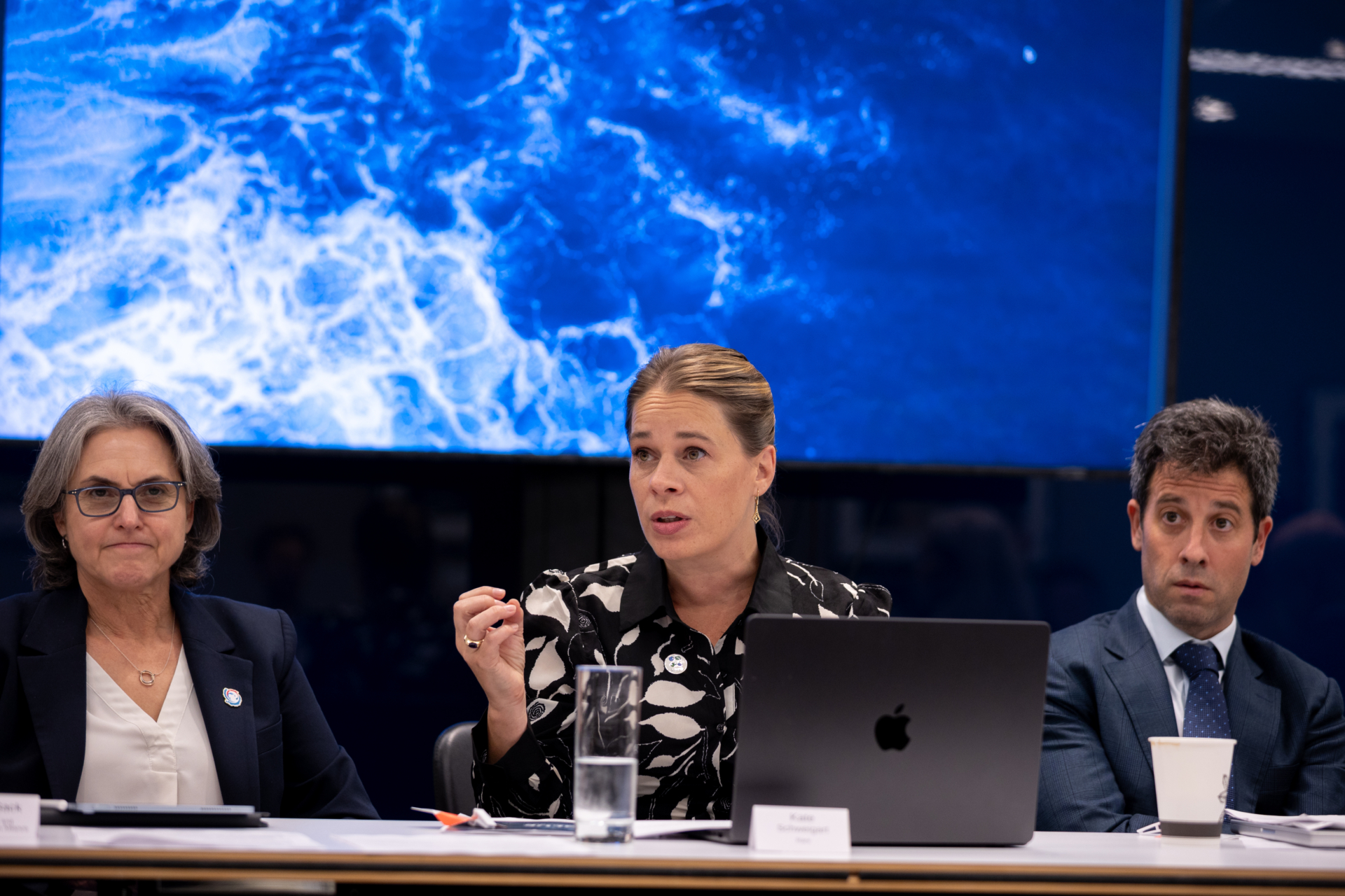 Kate Schweigart, VP of Innovative Finance at Rare, speaks during the launch event for Deep Blue. She was joined by Karen Sack of Ocean Risk & Reduction Action Alliance (left) and Zach Levey of Levoca (right).
